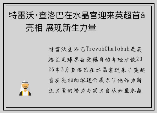 特雷沃·查洛巴在水晶宫迎来英超首发亮相 展现新生力量