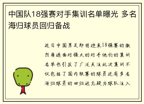 中国队18强赛对手集训名单曝光 多名海归球员回归备战